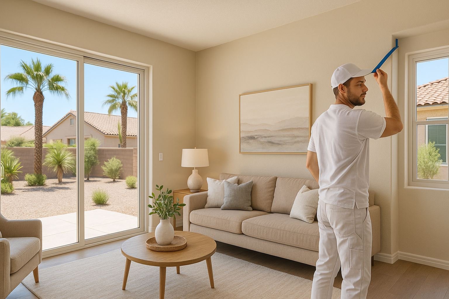 Freshly repainted neutral living room staged for sale in Las Vegas, NV, with painter's tape coming off the trim